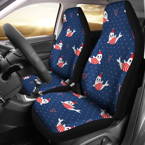 Cute Sea Lion Seal Christmas Hat Candy Cane Heart Pattern Universal Fit Car Seat Covers 7664