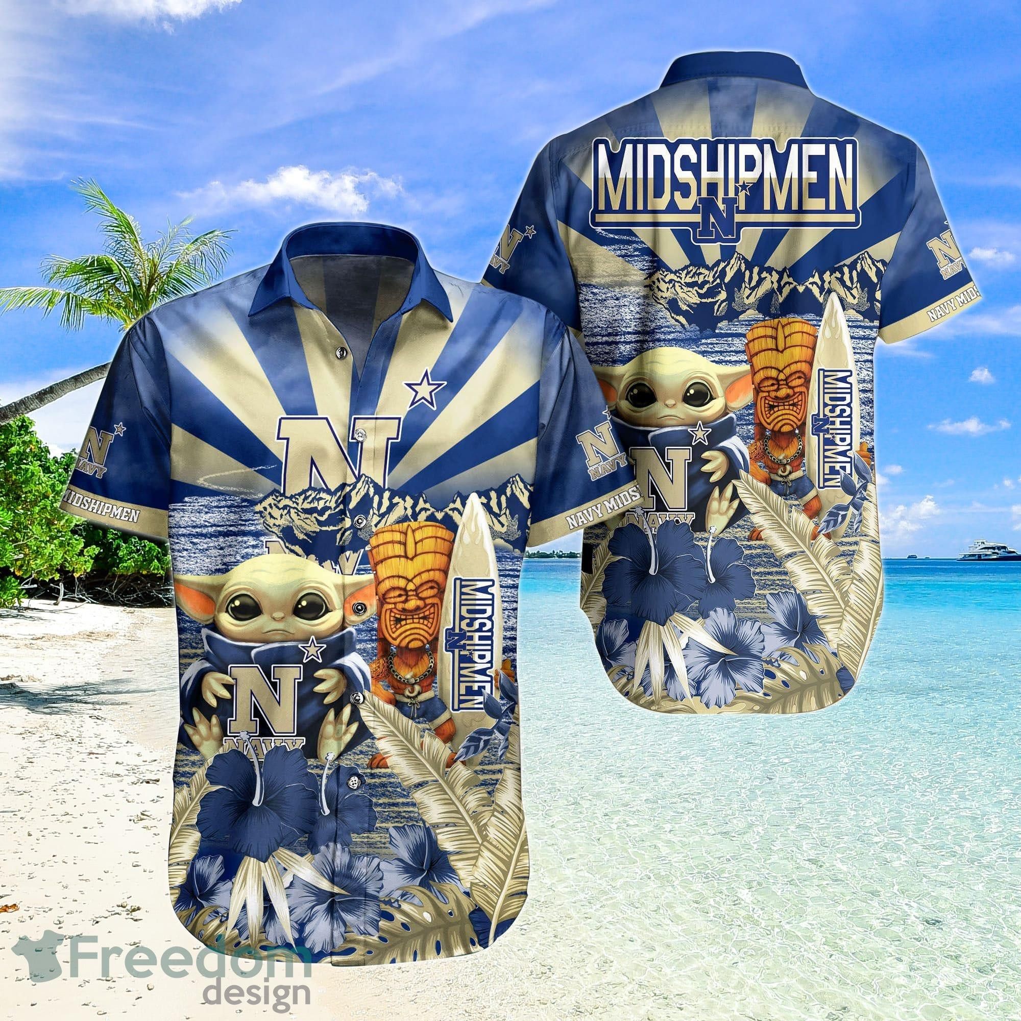 NCCA Navy Midshipmen Baby Yoda Tiki Flower Trendy Hawaiian Shirt Aloha Shirt