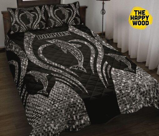 Dolphin Heart Line Black And White Style Quilt Bed Set And Pillow Covers