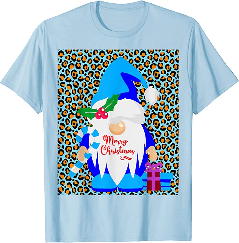 Women Girls Blue Gnome Christmas Santa Animal Print T-Shirt