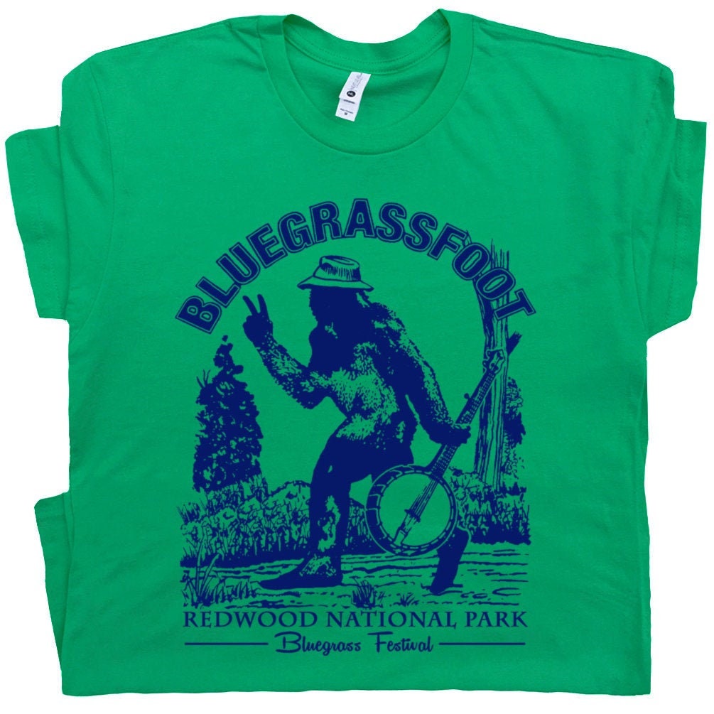 Bluegrassfoot Bluegrass T Shirt Banjo Shirts Cool Vintage Bigfoot Tees Redwood Forest Yosemite Mandolin Sasquatch tShirt Folk Band Shirts