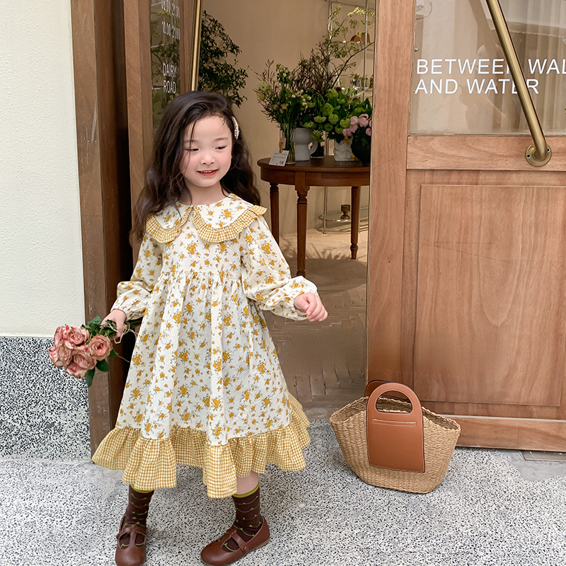 2022 Girls dress floral Turn-down collar princess dresses For Baby Girl cotton casual long style dress 1-8Years alx