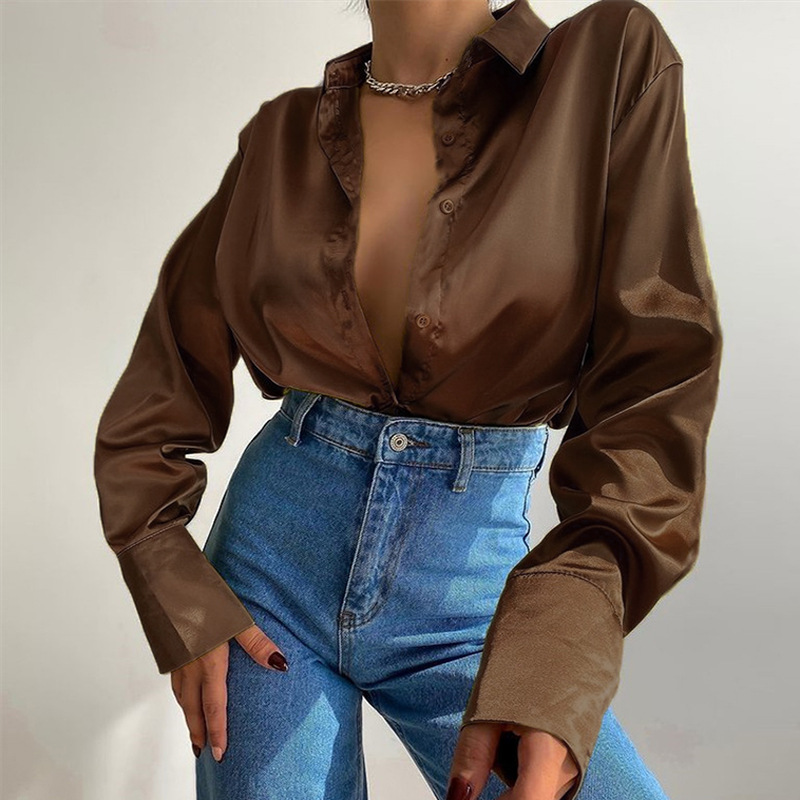 2022 Vintage Blue Green Silk Shirt Women Elegant Satin Long Sleeve Blouses Women Casual Loose Button Up Female Shirts Tops 21066 alx