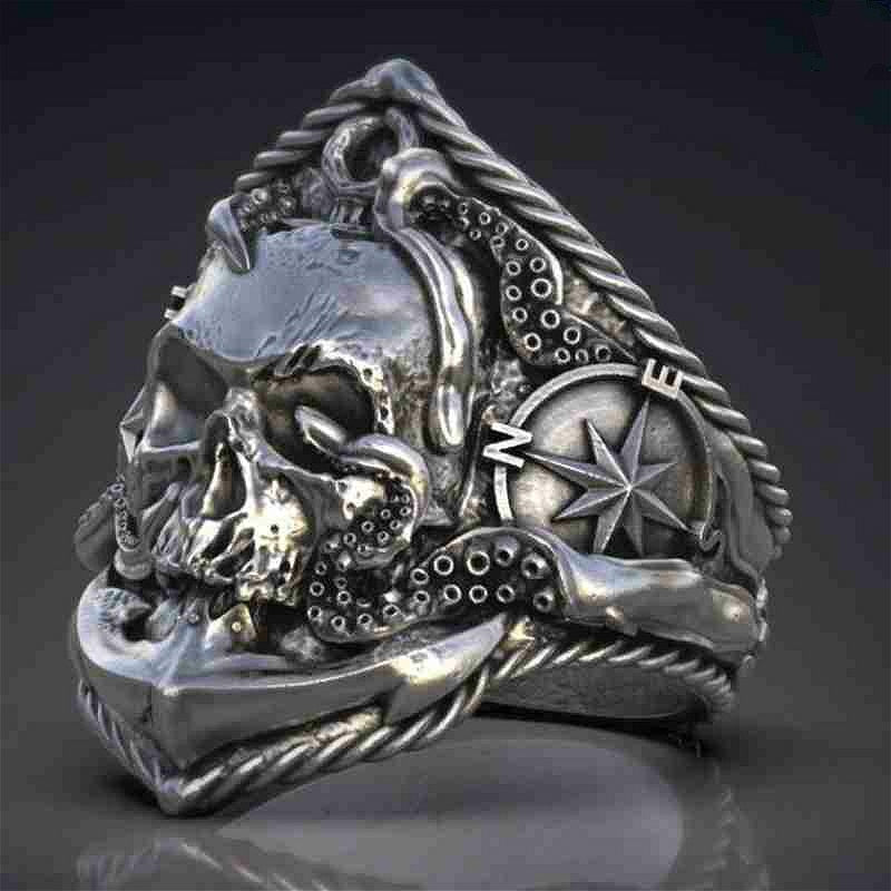 Gothic 316L Stainless Steel North Sea Giant Demon Octopus Adsorption Compass Skull Ring Punk Men’S Biker Jewelry Gift