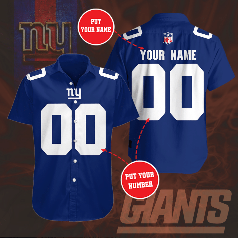 Personalized New York Giants All Over Print 3D Short Sleeve Dress Shirt Hawaiian Summer Aloha Beach Shirt – Neon Blue-Tph