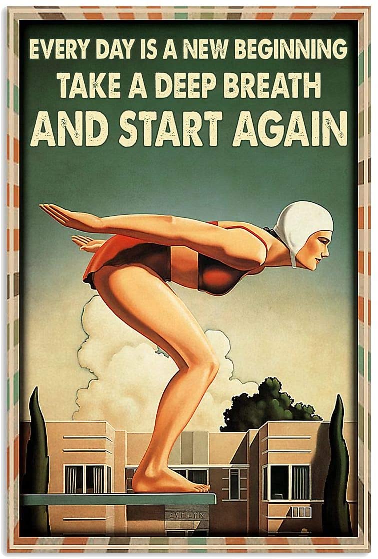 Vintage Girl Swimming Take A Deep Breath And Start Again Poster Art Print      Home Decor Gift For Men Women Family Friend On Birthday Xmas