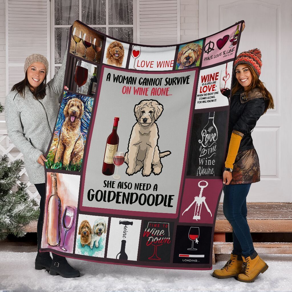 Dog Quilt Wine And Goldendoodle Doodle Owner Dog Lovers Premium Quilt Blanket Size Throw, Twin, Queen, King, Super King