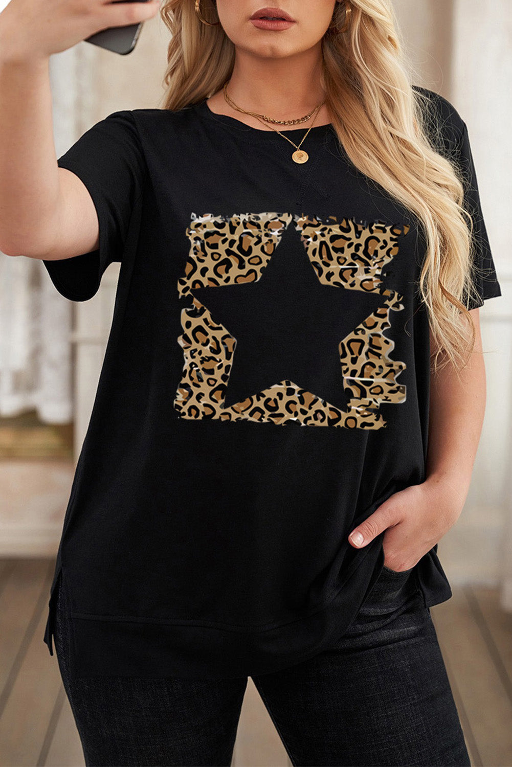 Star Leopard Print Plus Size T-Shirt