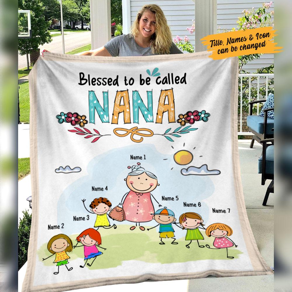 [Personalized Name] Blessed To Be Called Grandma Cartoon Fleece Blanket, Sherpa Blanket, Gift For Parent, Family Member, Friends Gift, Christmas Gift, Home Decor, Home Living