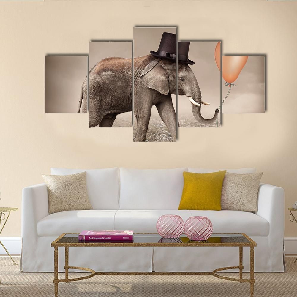 Elephant With A Orange Balloon Animal 5 Panel Canvas Art Wall Decor