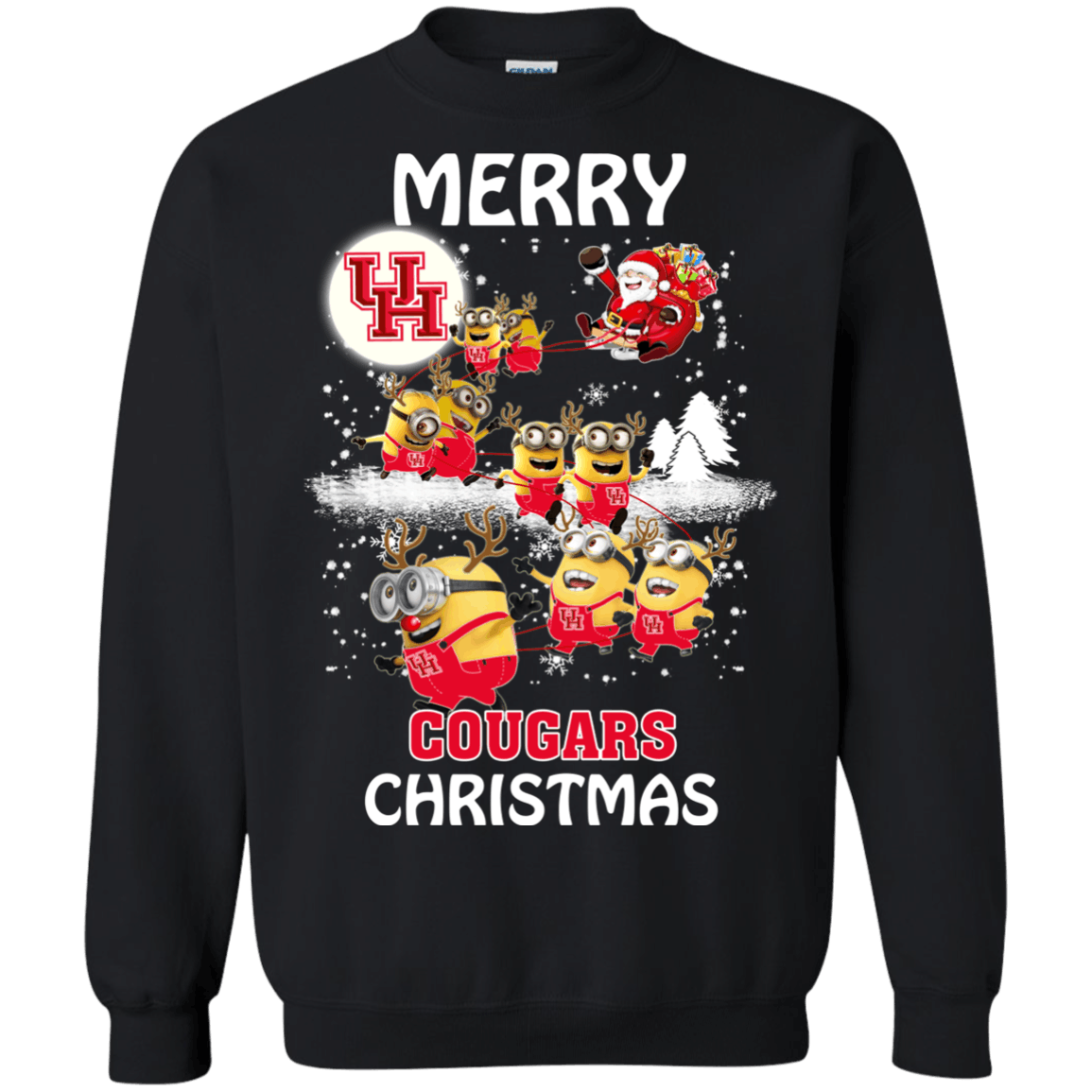 Stupendous Houston Cougars Minion Ugly Christmas Sweaters Santa Claus With Sleigh Hoodies Sweatshirts