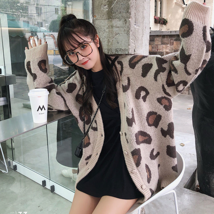 Women Casual Sweaters Korean Fashion Spring Pink Leopard V-Neck Long Sleeve Cardigans Loose Coat Pull Vetement Femme Sueters alx