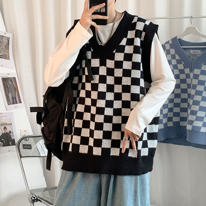 Sweater Vest Men Daily Spring New All-match Students Simple Plaid Fashion Korean Style Knitting V-neck Popular Soft Retro Ins alx