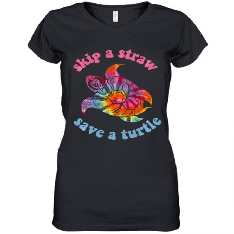 Skip A Straw Save A Turtle Tribal Retro 90's Aesthetic Long Sleeve Women's V-Neck T-Shirt