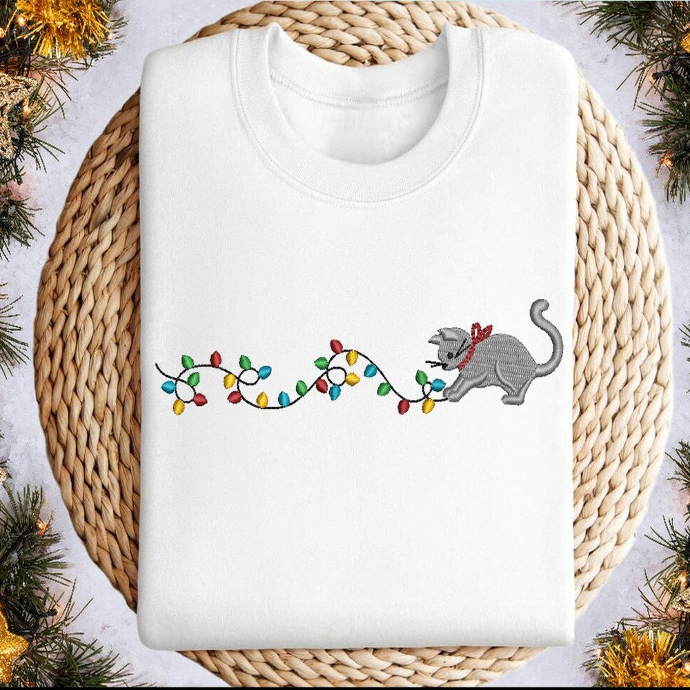 Lights Cat Christmas Embroidered Sweatshirt