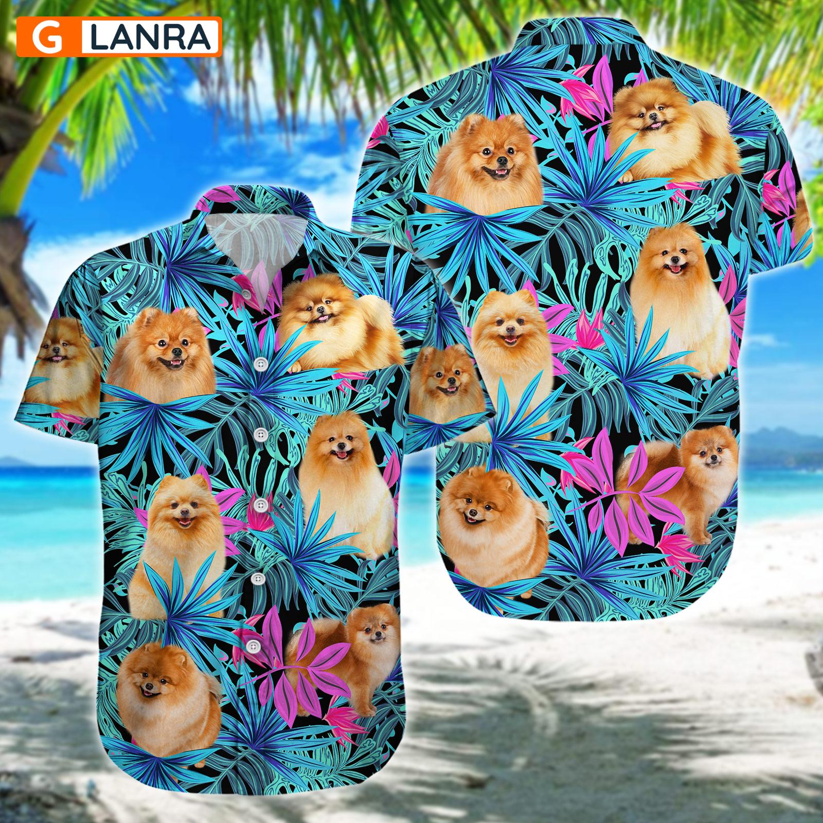 Pomeranian Palm Leaves Button Shirt, Pomeranian Dog Button Shirt, Summer Dog Hawaiian Shirt, Dog Leaf Hawaiian Shirt, Summer Tropical Shirt