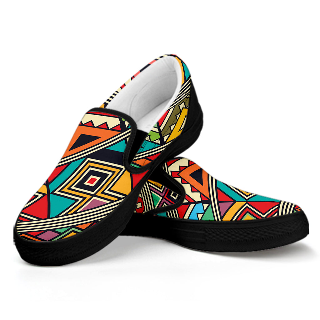 Retro African Ethnic Tribal Print Black Slip On Shoes