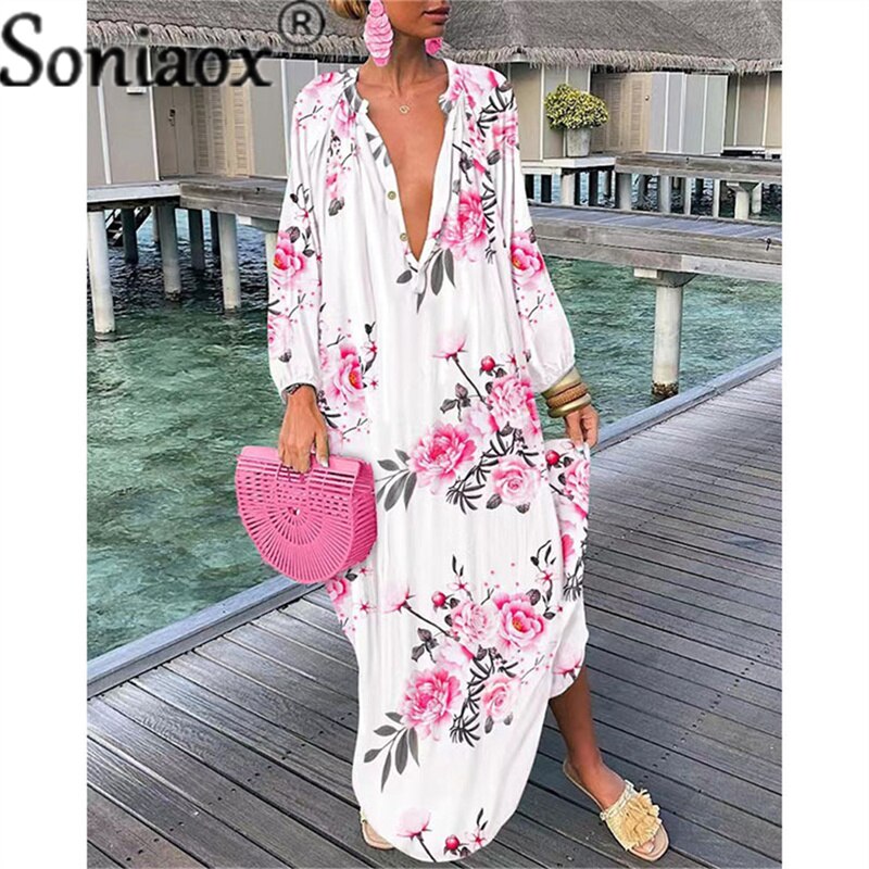 2022 Fashion V-Neck Bohemian Geometric Print Long-Sleeve T-Shirt Dress Summer Large Swing Street Loose Casual Maxi Women’s Dress alx