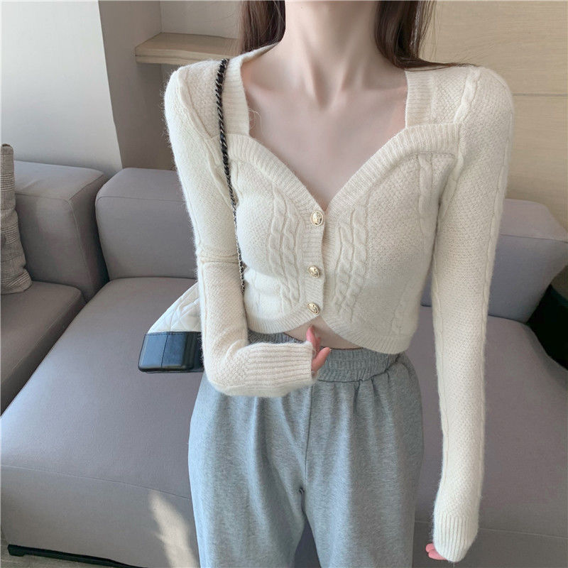 Cardigan Women Solid Knitted Cozy V-neck All-match Female Autumn Stretchy Korean Style Fashion Single Breasted Cropped Sweater alx