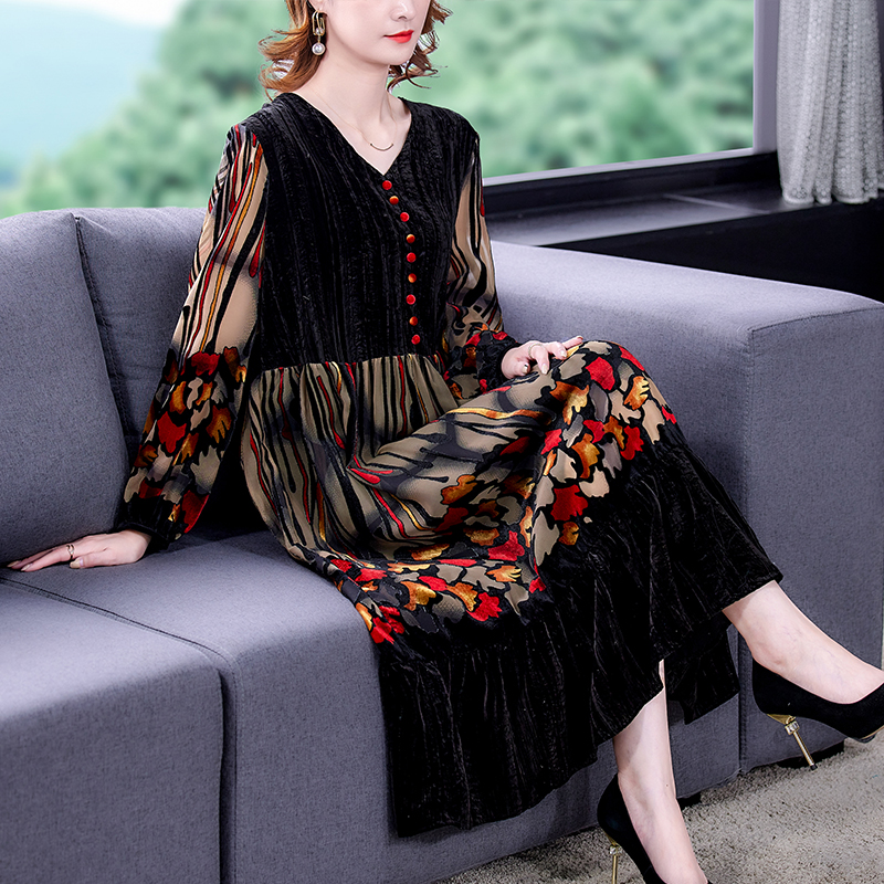 ZUOMAN Large Size Vintage Printed Gold Velvet Dress New Fashion Temperament Women’s Loose Long Elegant Korean Full Sleeve Robes alx