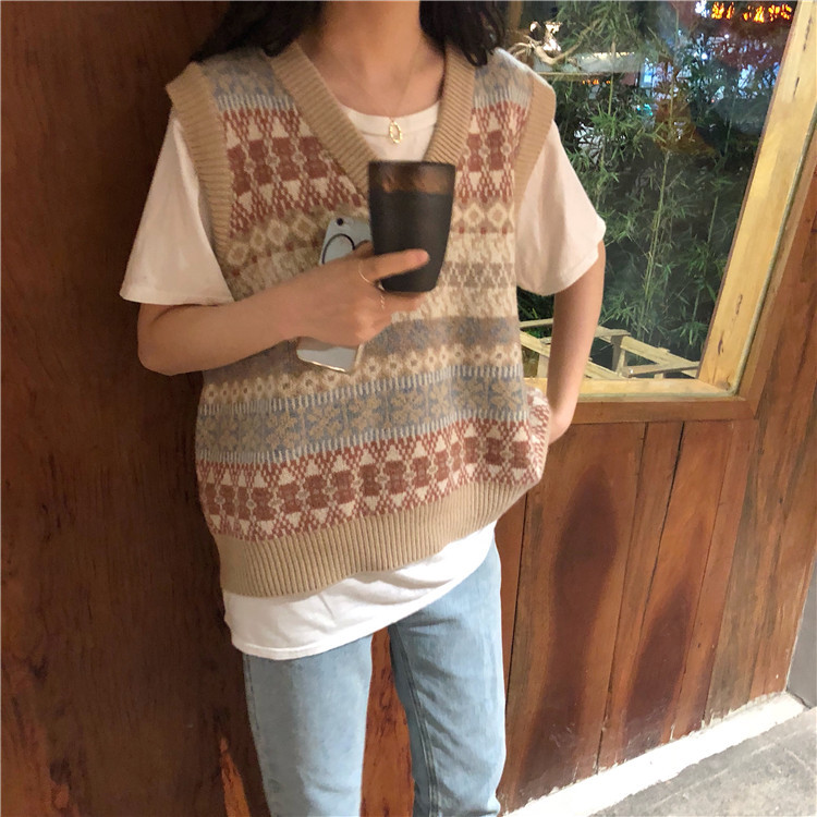 Vintage Argyle V-neck Knitted Sweater Vest Women Autumn Korean Sleeveless Loose Pullover Casual Oversized Waistcoat Female Tops alx