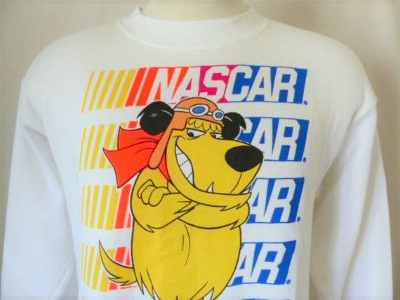 1994 NASCAR cute kawaii vintage 90 s car auto racing Mutley the Dog Wacky Races white fleece graphic sweatshirt neon orange logo Medium