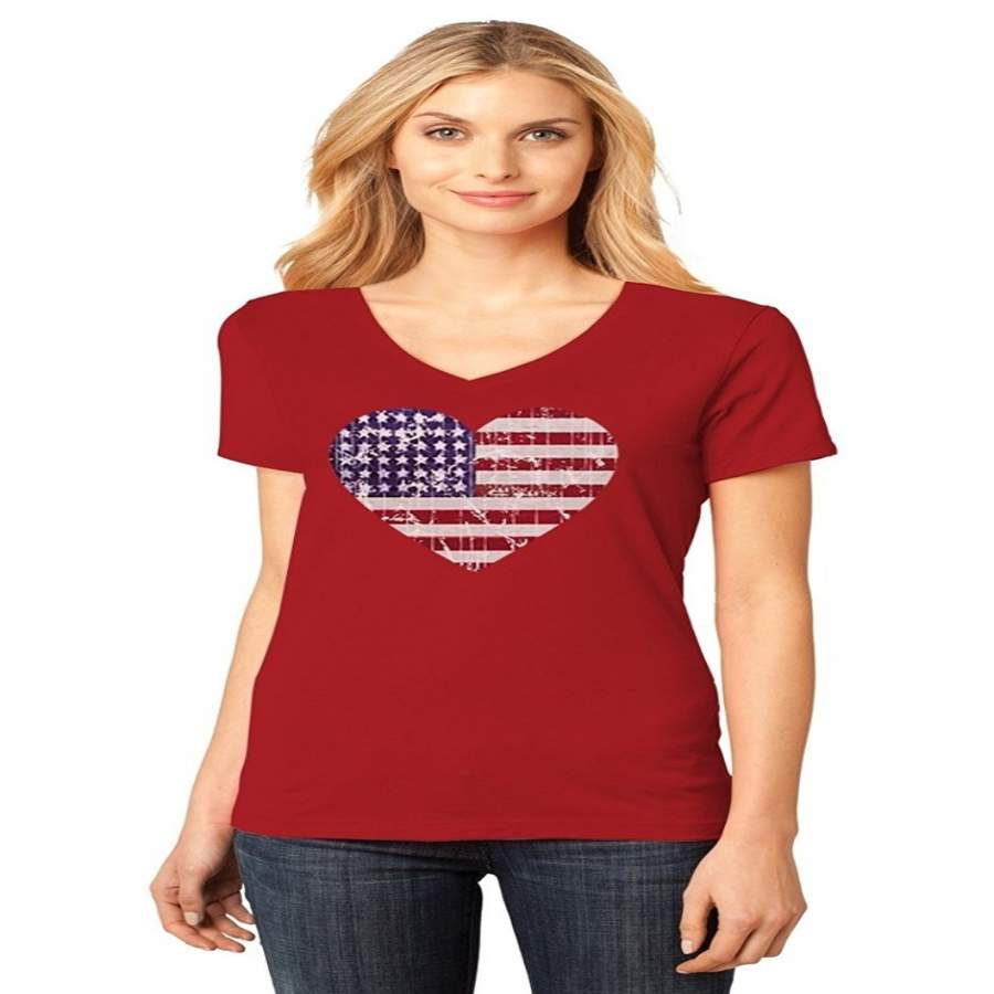 American Heart Flag Usa Patriotic Women Fashion Short Sleeved T-Shirt 4Th Of July Women’S Fitted T Shirt