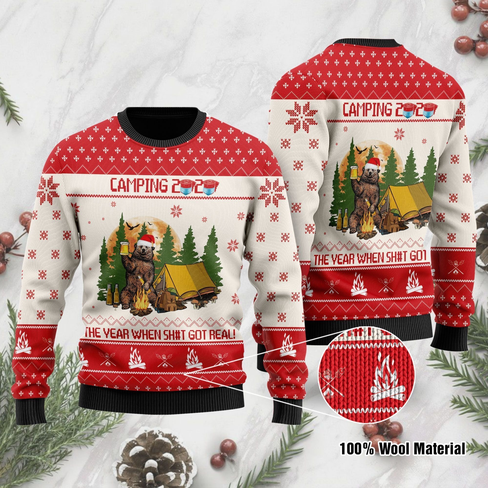 Camping 2020 With Funny Sayings And Bear Drinking Beer At The Campsite Ugly Sweater