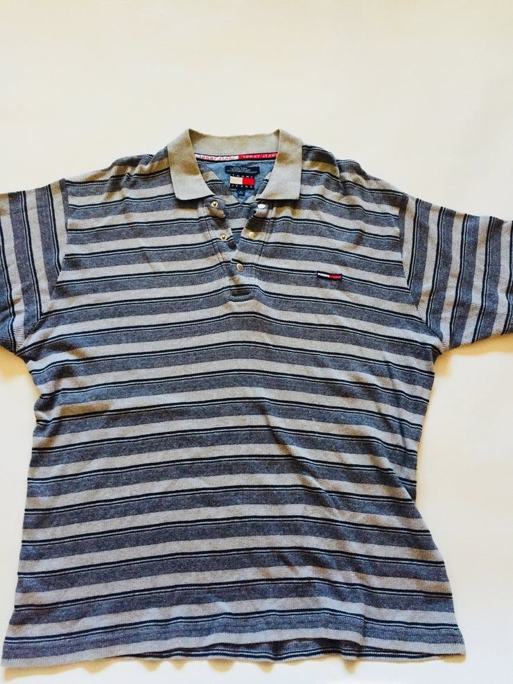 Vintage Tommy Hilfiger Polo Grey Navy Blue Sports Athletic Top Shirt