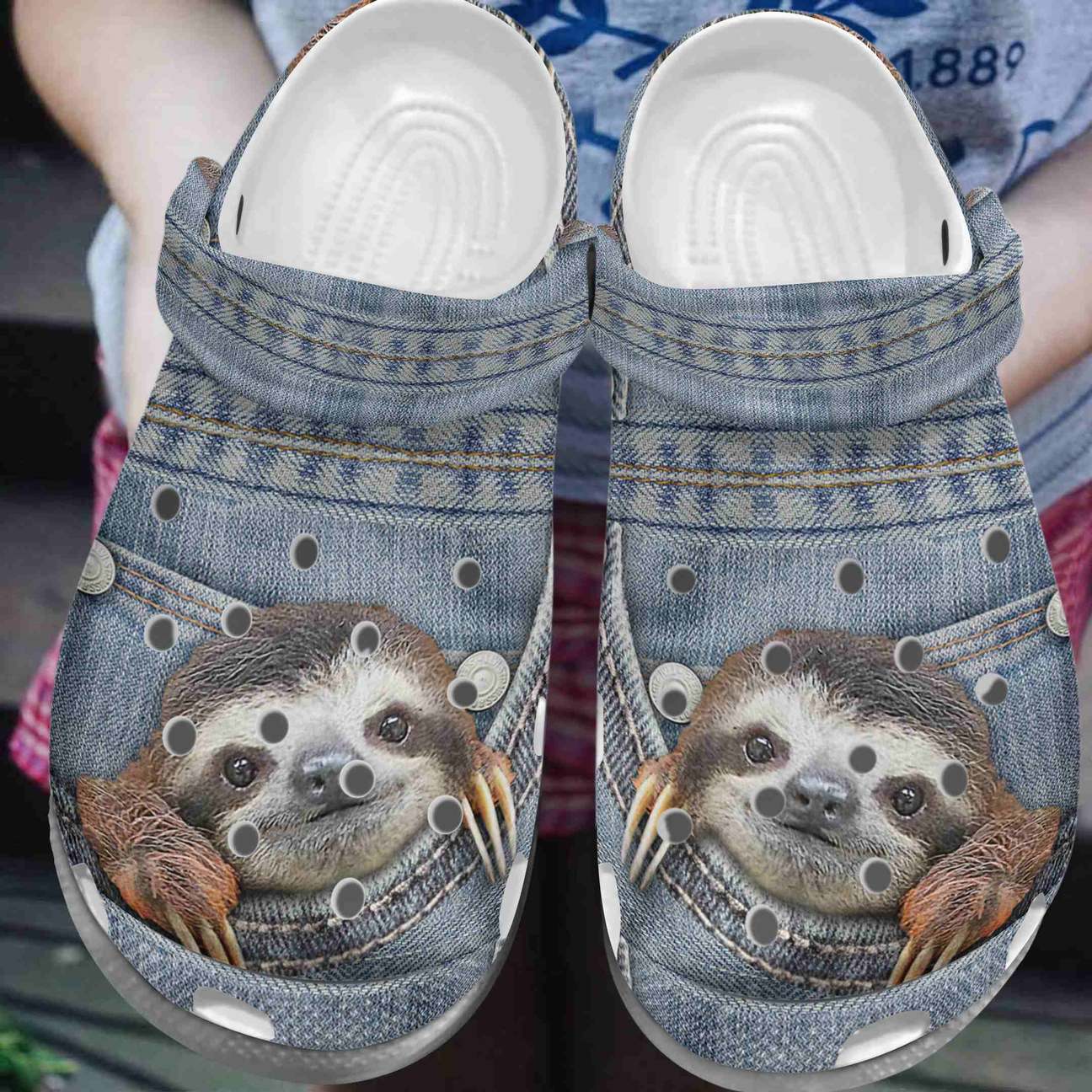 Sloth Personalize Clog, Custom Name, Text, Fashion Style For Women, Men, Kid, Print 3D Whitesole Sloth In Jeans