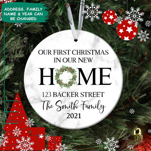 Our First Christmas In Our New Home – Personalized Circle Ceramic Ornament – Personalized Family Decorative Christmas Ornament