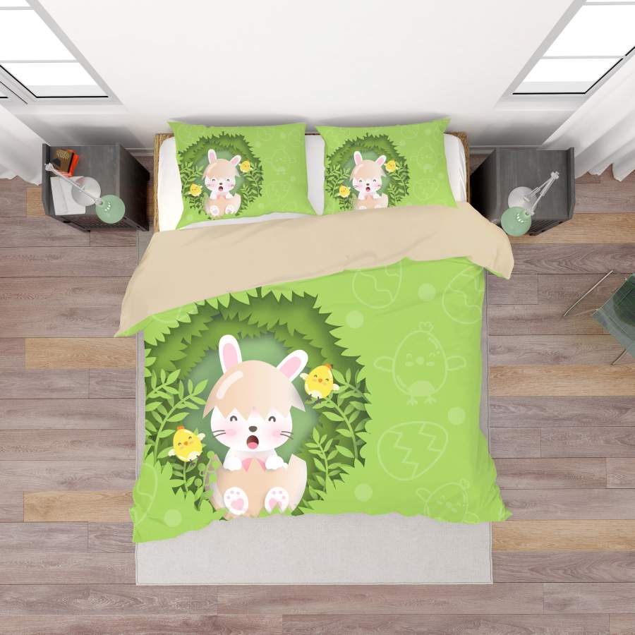 3D Green Rabbit Egg Leaves Chick Quilt Cover Set Bedding Set Duvet Cover Pillowcases SF58