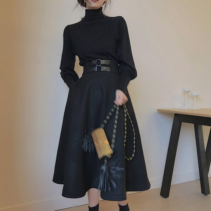 2 Piece Sets Women Turtleneck Slim Lantern Sleeve Pullover Solid Vintage Stylish Tender All-match Bandage A-line Faldas Ulzzang alx