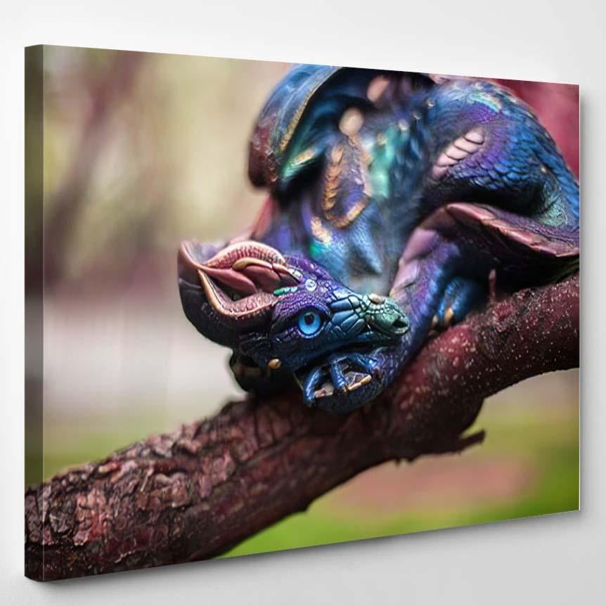 Purple Turquoise Dragon Laying On Branch – Dragon Animals Canvas Print