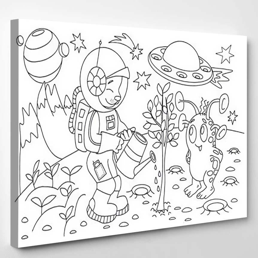 Space Coloring Book Page Animals Cartoon – Galaxy Sky And Space Canvas Print