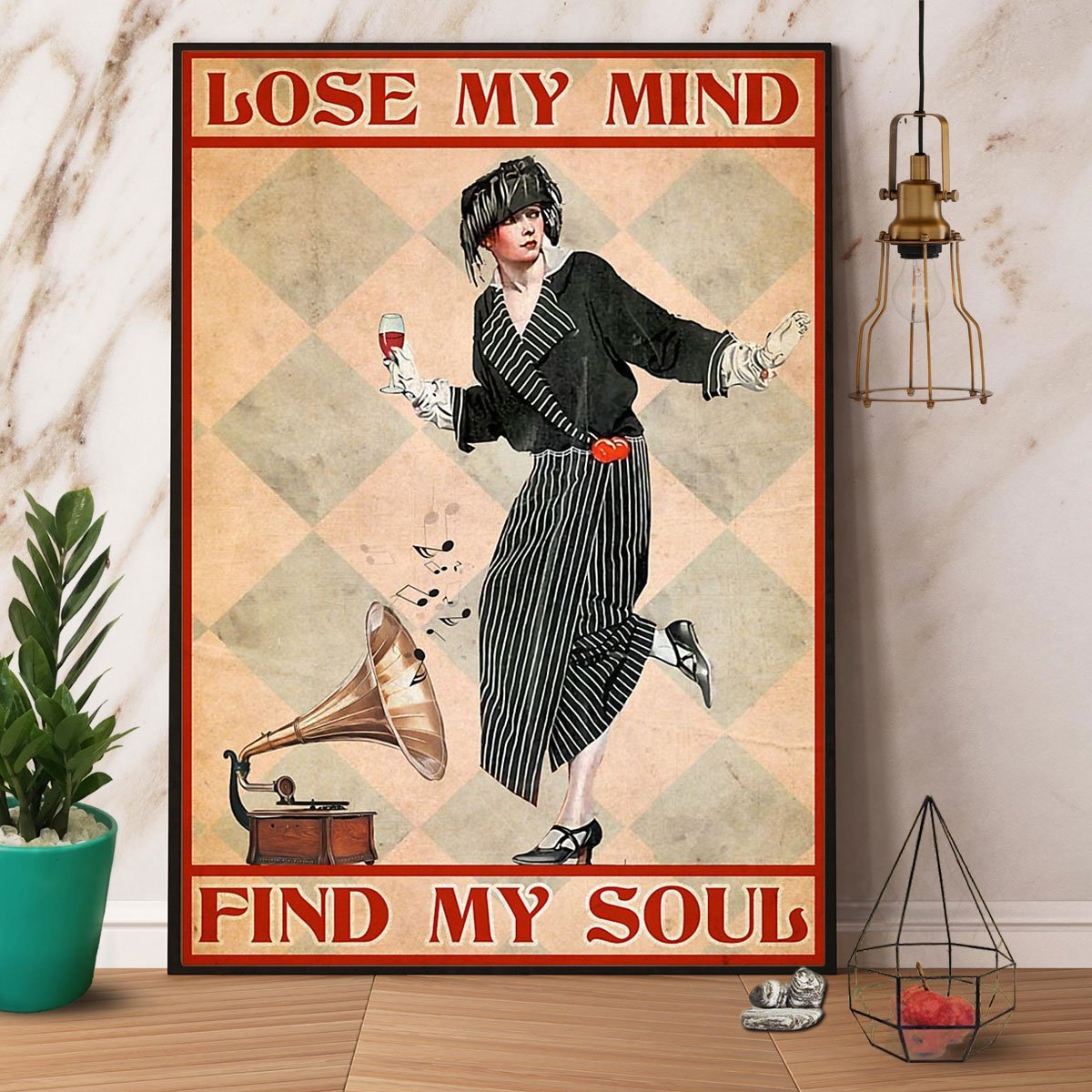 Vinyl Woman Wine Lose My Mind Find My Soul Music In Life Vintage Poster No Frame