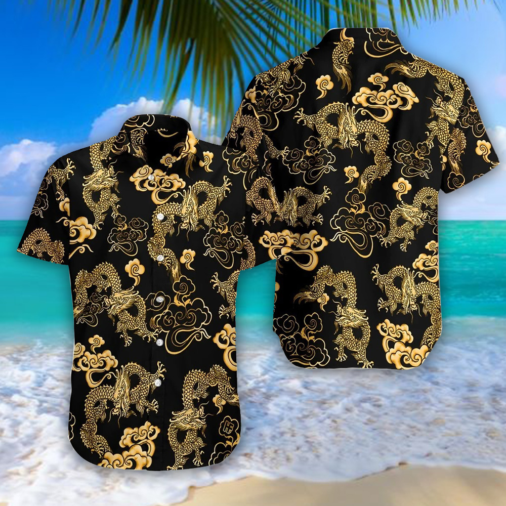 Black Gold Oriental Dragon Hawaii Shirt For Men Women Adult Ha10238