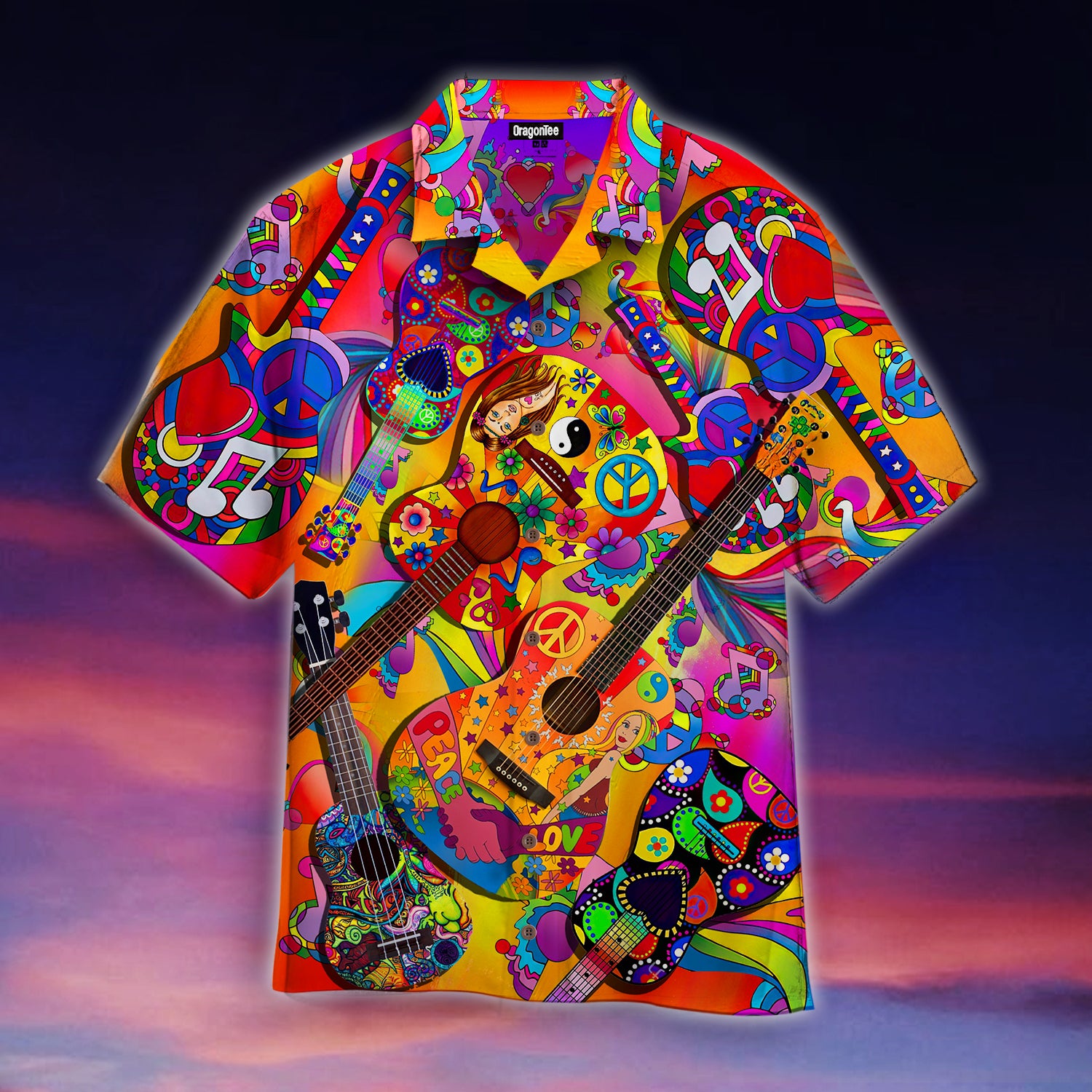 Oragontee Colorful Guitar Hippie Love Music Hawaii Shirt For Men Adult Ha110568