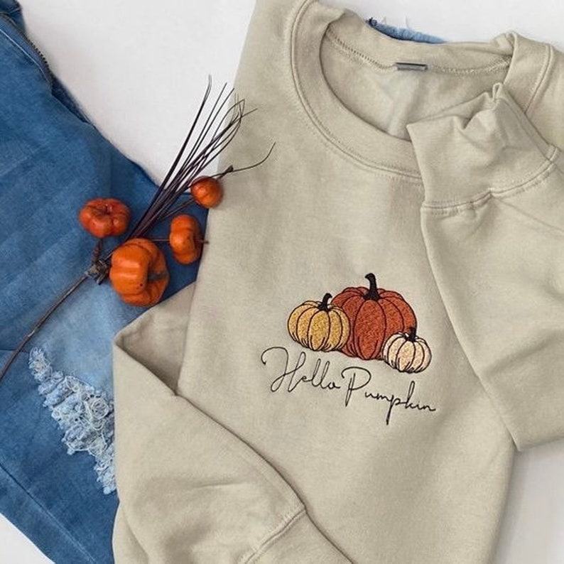 Embroidered Hello Pumpkin Halloween Sweatshirt Crewneck Sweatshirt All Over Print Sweatshirt For Women Sweatshirt For Men Sws2592