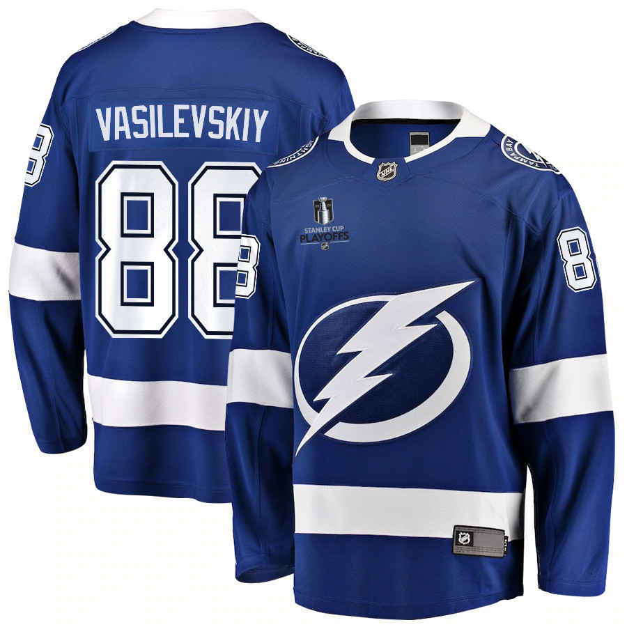 Andrei Vasilevskiy 88 Tampa Bay Lightning Stanley Cup 2023 Playoffs Patch Home Breakaway Men Jersey – Blue