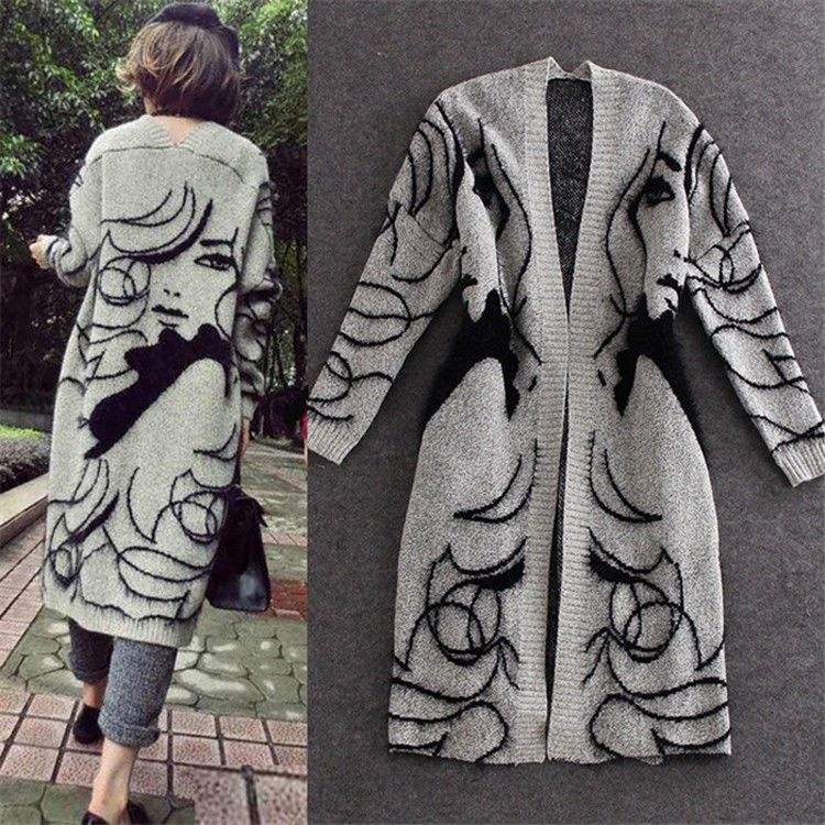 Women Autumn Winter Loose Long Sleeve Head Embroidery Knit Cardigan Sweater Coat Loose Sweaters For Women Cardigans alx