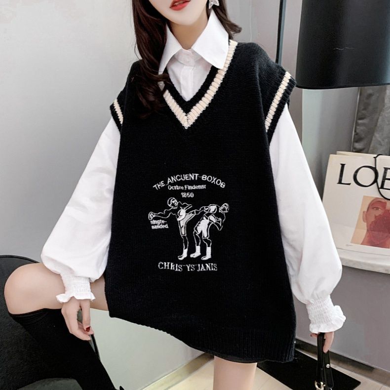 Women Sweater Vest Spring V-neck Sweater Vest Women’s Loose Knitted Vest Coat Top alx