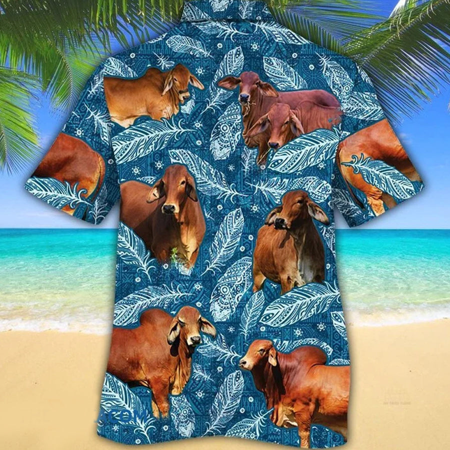 Red Brahman Cattle Lovers Blue Feather Hawaiian Shirt Ha30061