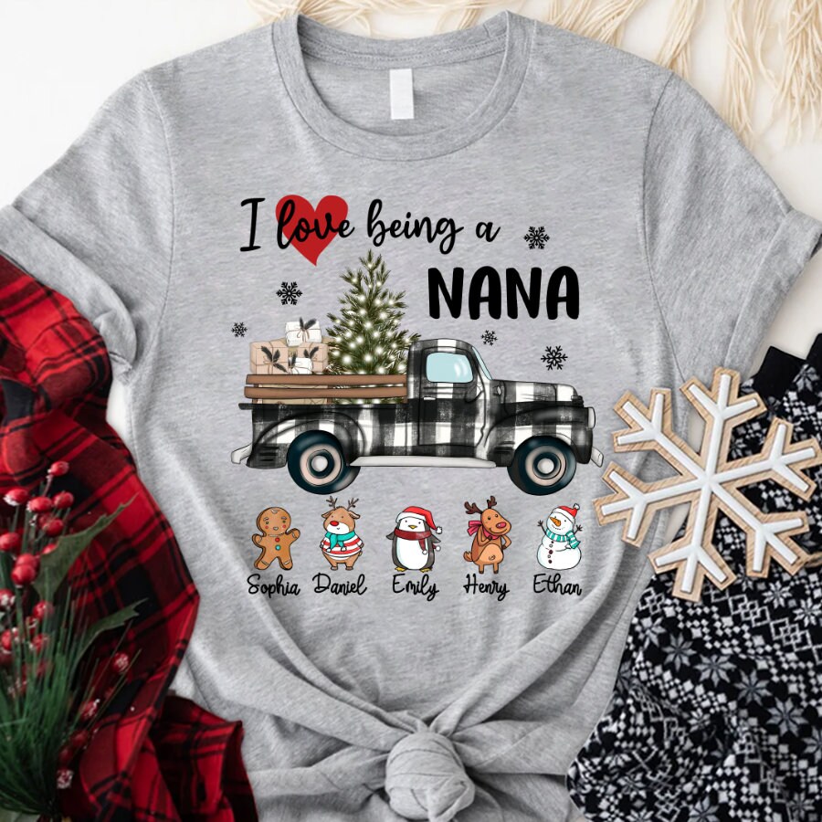 Custom Christmas Nana Shirt, Love Being Nana Shirt Custom Kidnames, Truck Buffalo Plaid Xmas Grandma Longsleeve, Custom Nana Mimi Sweatshirt