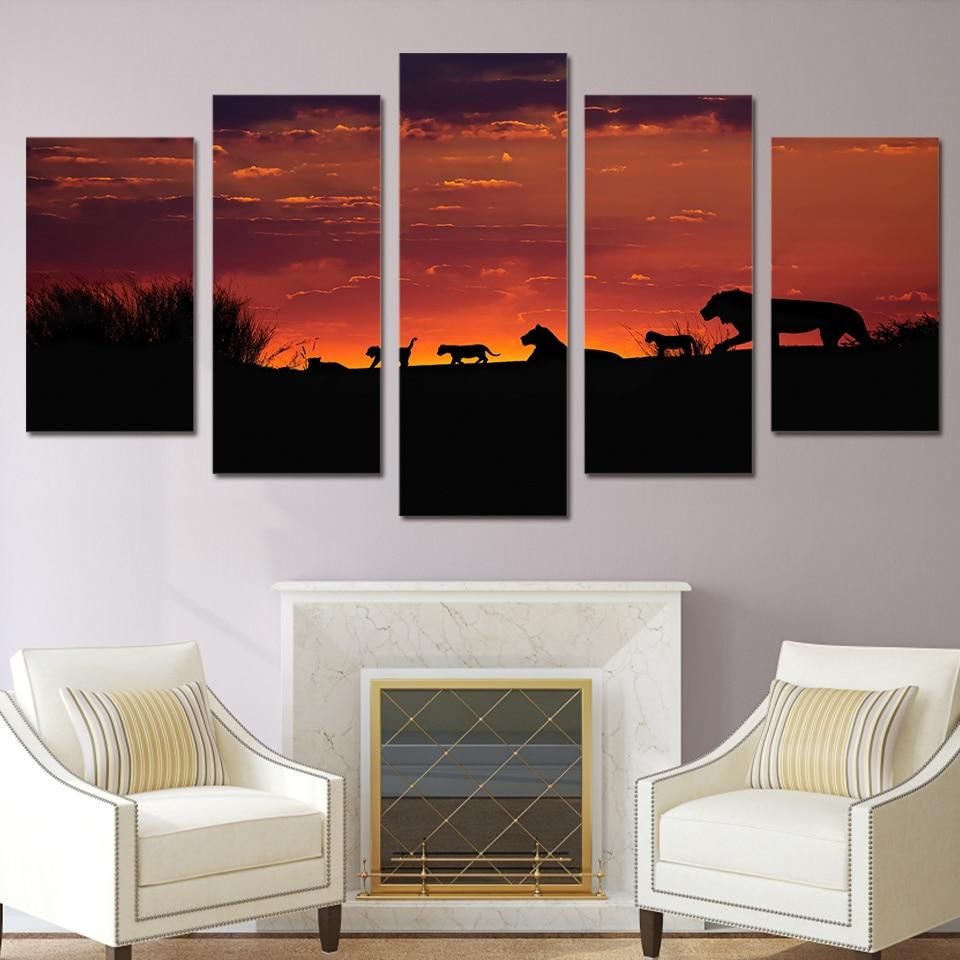 African Sunset Animal 5 Panel Canvas Art Wall Decor