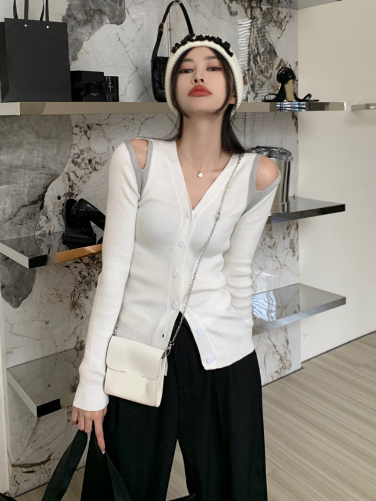 2022 Autumn V-neck Single Button Cardigan Women Long Sleeve Vintage Knitwear Korean Trendy Ladies Out Off Shoulder Sweater Coat alx