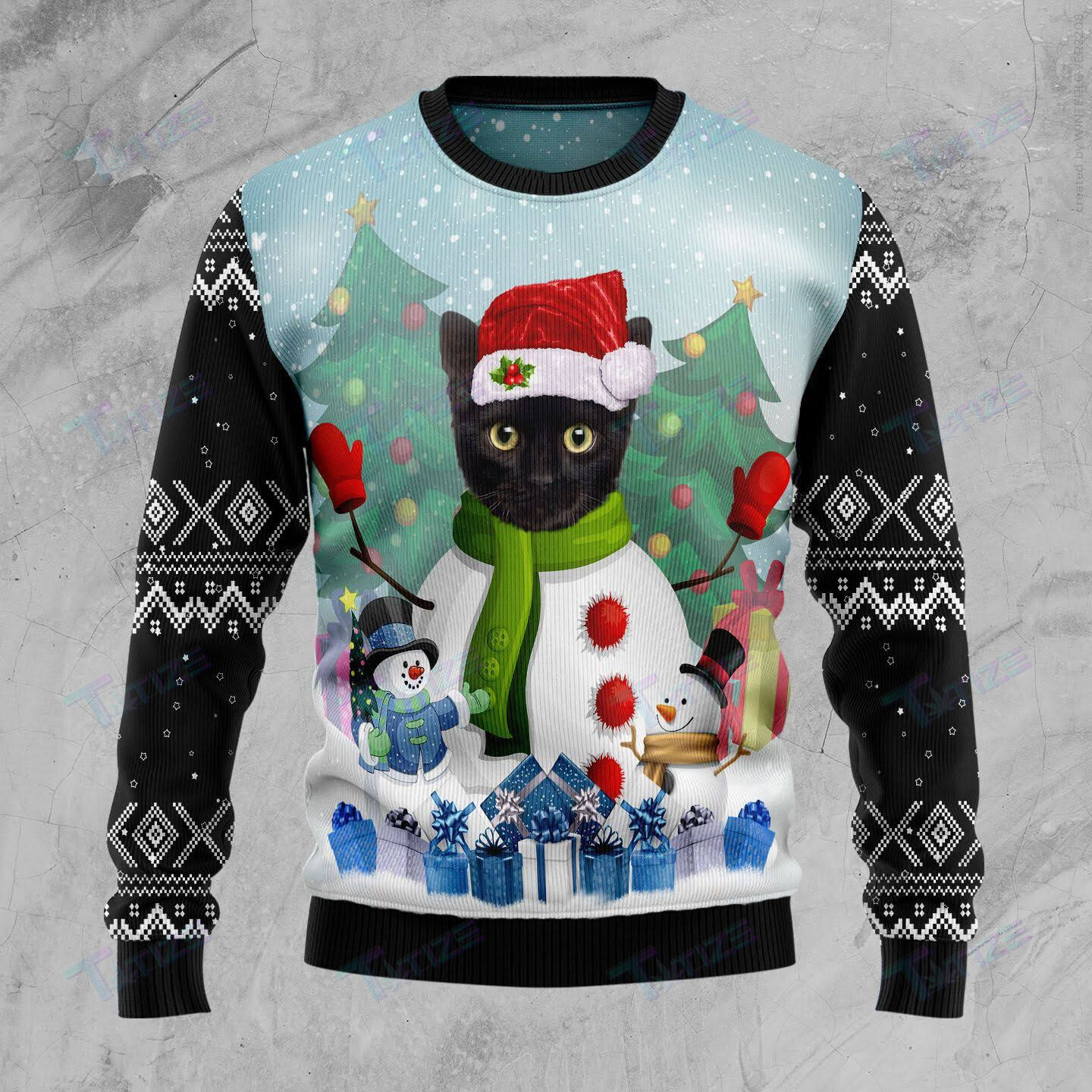 Black Cat Snowman Ugly Sweater