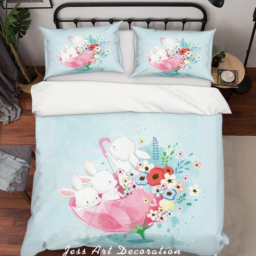 3D Blue Rabbit Umbrella Floral Quilt Cover Set Bedding Set Duvet Cover Pillowcases SF98