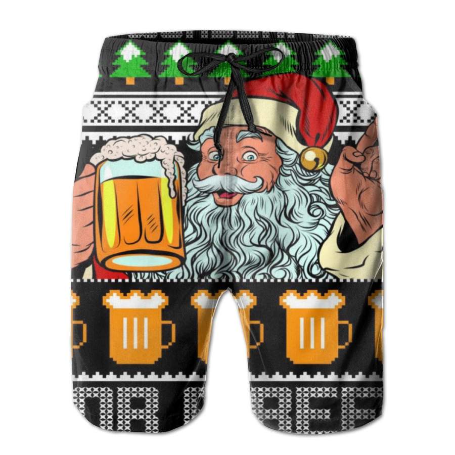 2 Pack It’s A Wonderful Time For A Beer Ugly Christmas Sweater Design Poster Men Swim Trunks Drawstring Elastic Waist Quick Dry Beach Shorts with Mesh Lining Swimwear Bathing Suits