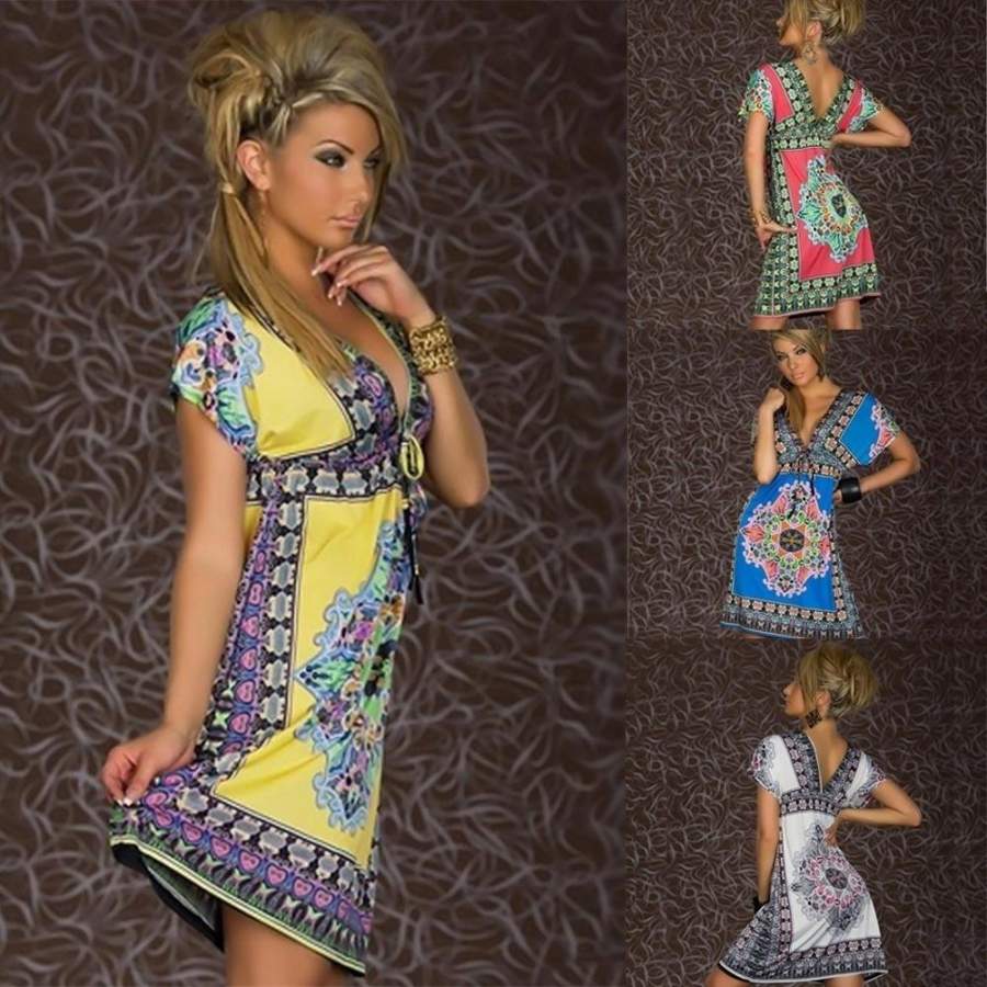 New Vintage Summer Dress Retro Women Bohemian Dress Paisley Print V-Neck Short Sleeve Beach Wear